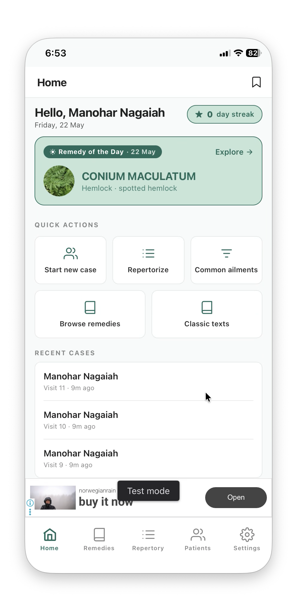 Home — remedy of the day, quick actions, recent cases