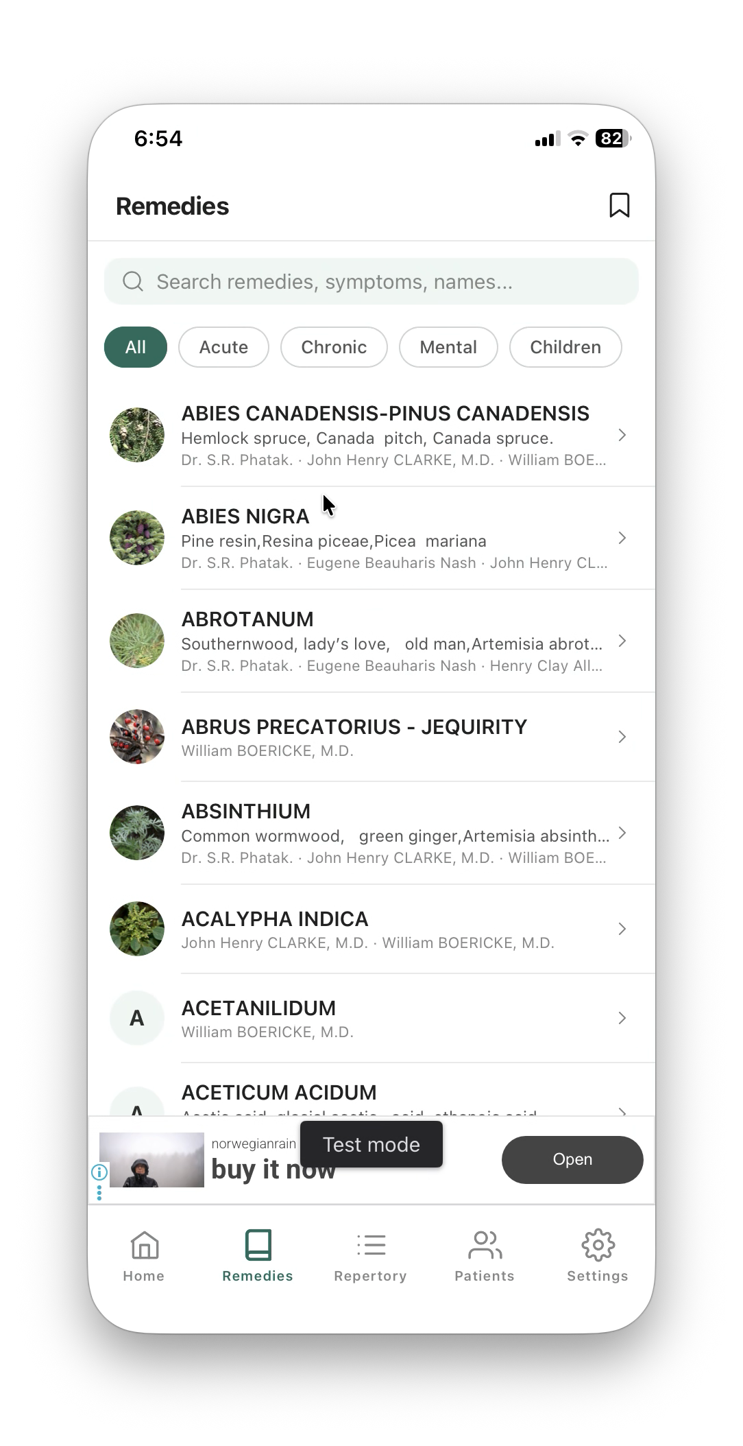 Remedy list — search, filter chips