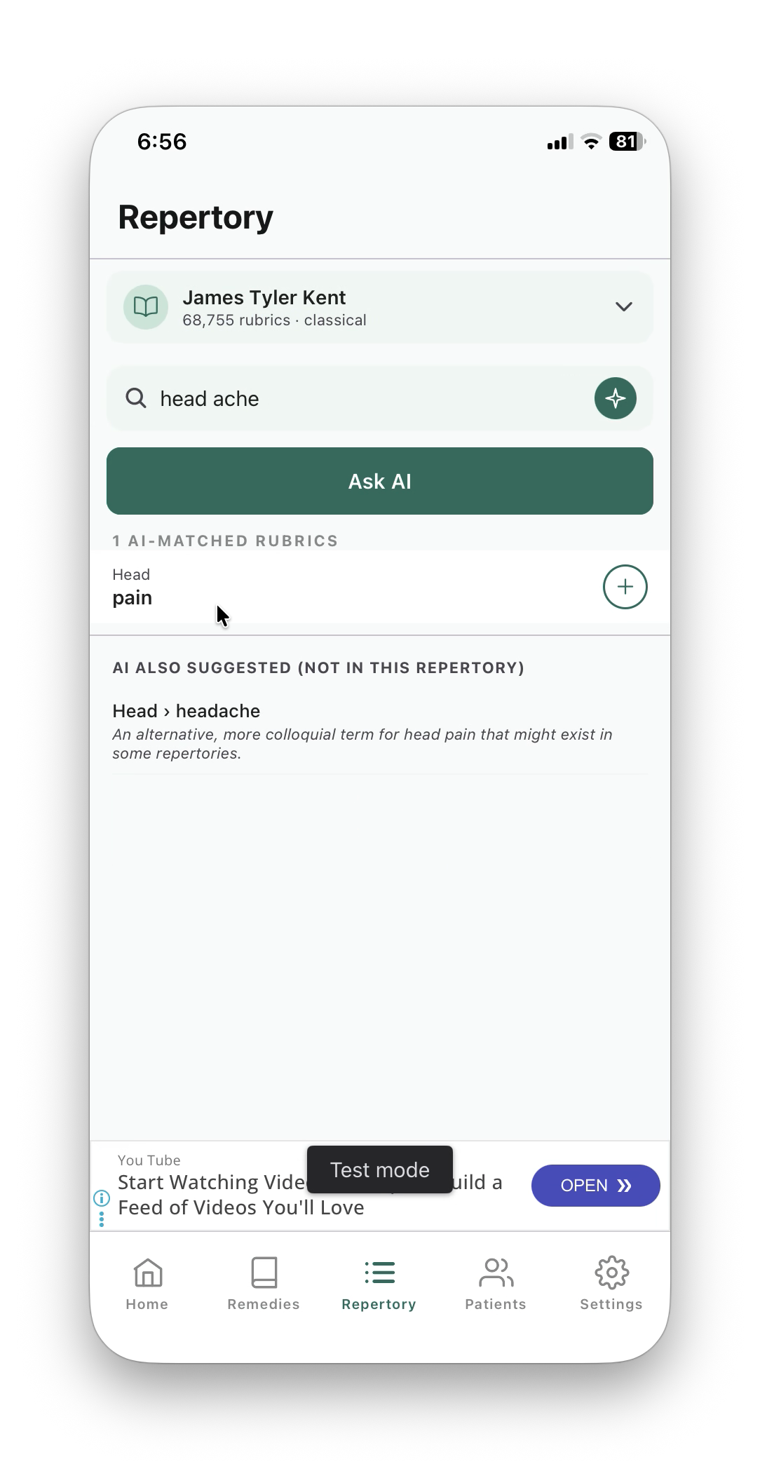 Repertory — AI maps natural language to rubrics